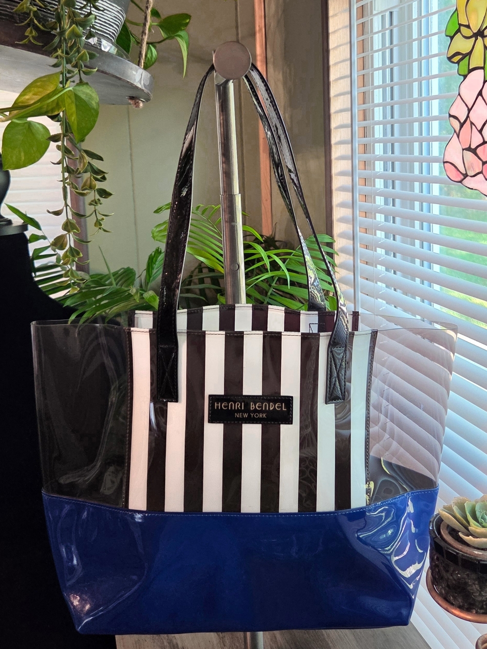 NWOT Henri Bendel New York Striped PVC Tote Bag Black Blue White Medium